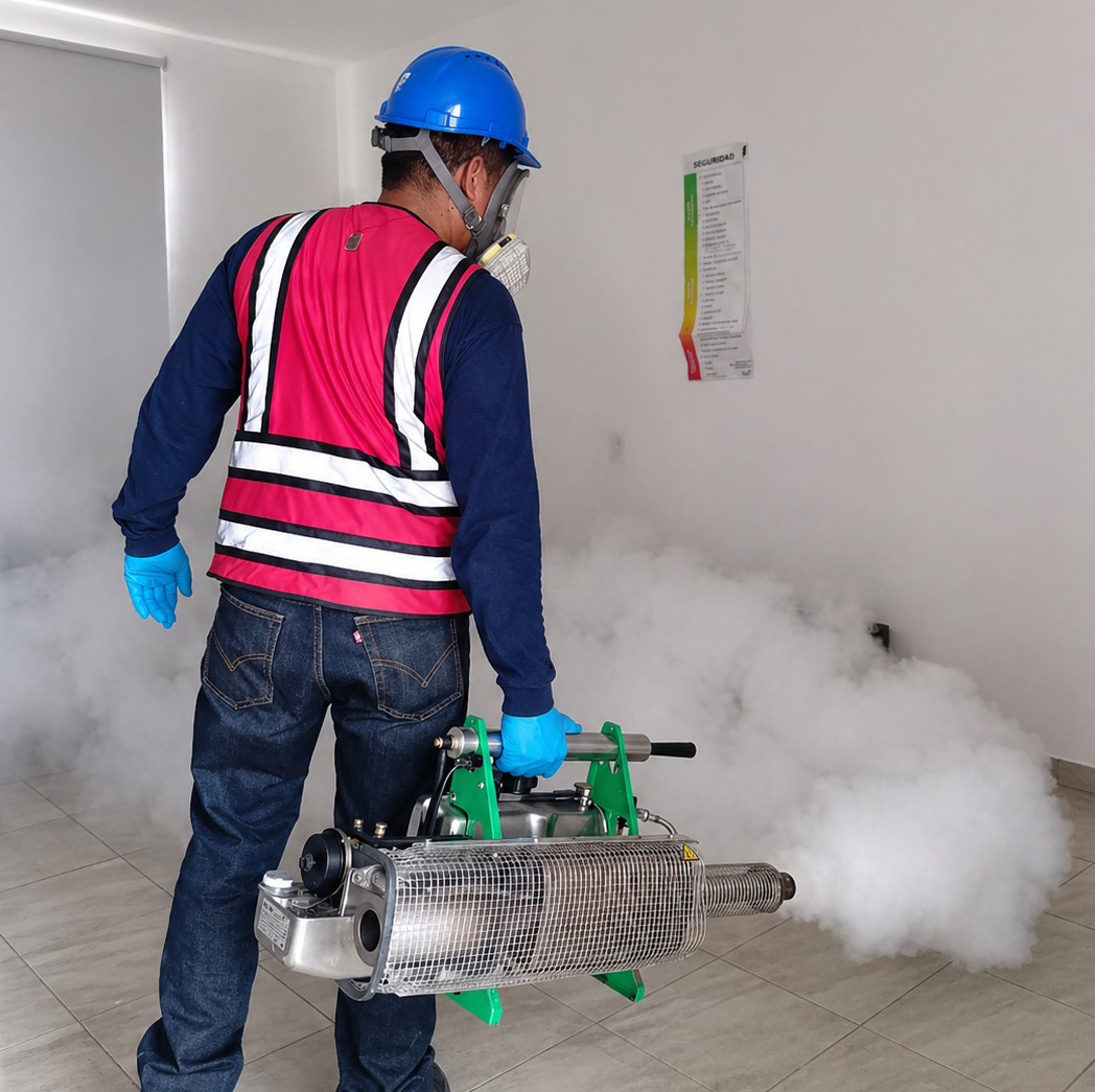 Técnico realizando nebulización en interiores