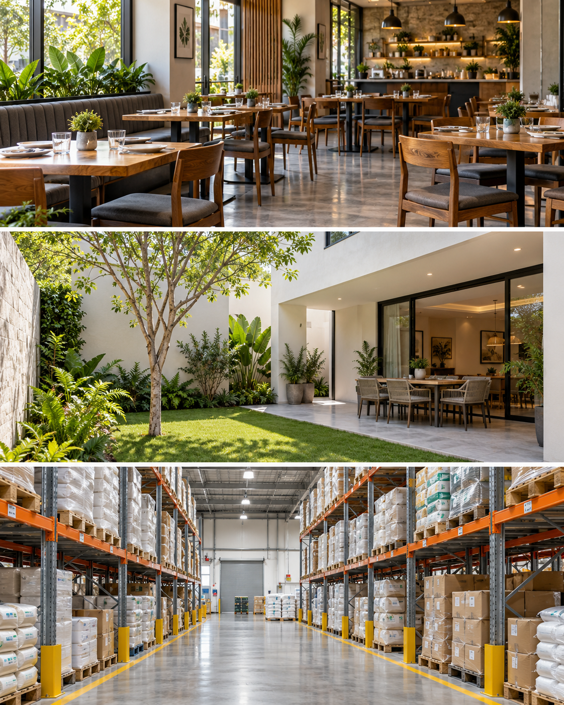 Composición ilustrativa de un restaurante, una vivienda y un almacén industrial